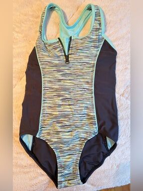 ZeroXposur Girls One-Piece Swimsuit in Aqua, Black and Lime Stripe